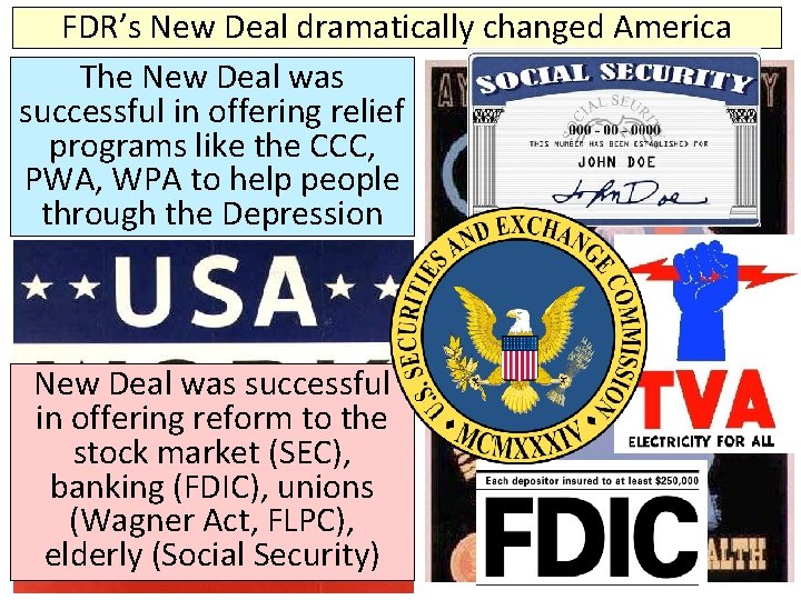 FDR’s New Deal dramatically changed America The New Deal was successful in offering relief