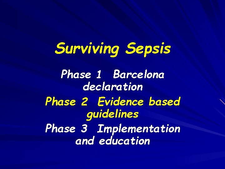 Surviving Sepsis Phase 1 Barcelona declaration Phase 2 Evidence based guidelines Phase 3 Implementation