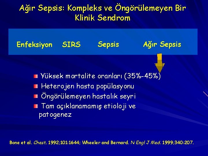 Ağır Sepsis: Kompleks ve Öngörülemeyen Bir Klinik Sendrom Enfeksiyon SIRS Sepsis Ağır Sepsis Yüksek