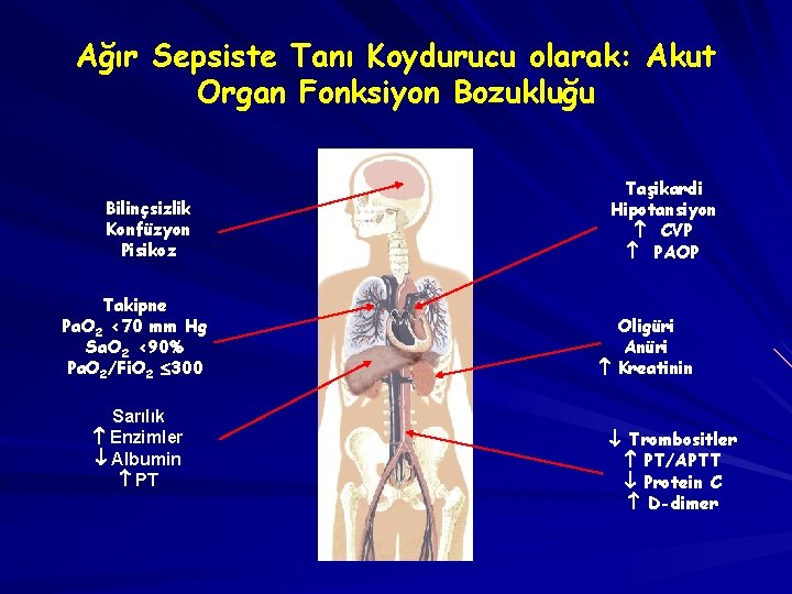 Ağır Sepsiste Tanı Koydurucu olarak: Akut Organ Fonksiyon Bozukluğu Bilinçsizlik Konfüzyon Pisikoz Takipne Pa.