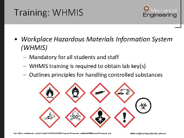 Training: WHMIS • Workplace Hazardous Materials Information System (WHMIS) – Mandatory for all students