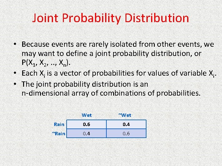 Joint Probability Distribution • Because events are rarely isolated from other events, we may