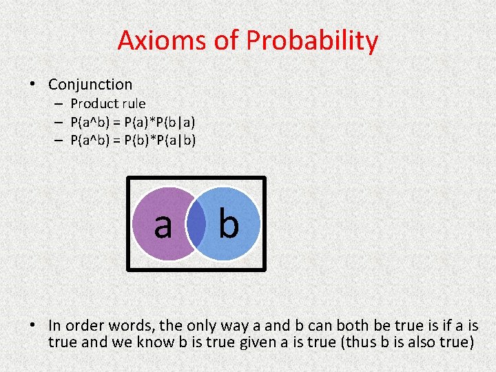 Axioms of Probability • Conjunction – Product rule – P(a^b) = P(a)*P(b|a) – P(a^b)