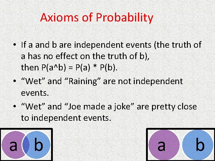 Axioms of Probability • If a and b are independent events (the truth of