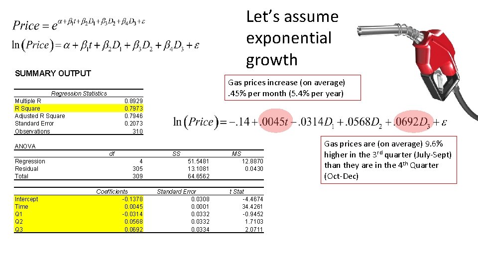 Let’s assume exponential growth SUMMARY OUTPUT Gas prices increase (on average) . 45% per