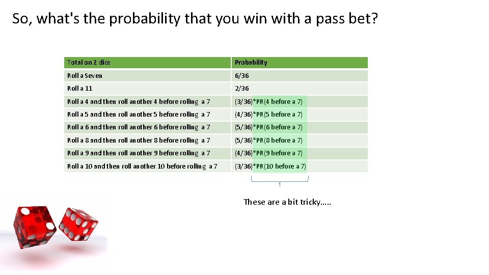 So, what's the probability that you win with a pass bet? Total on 2