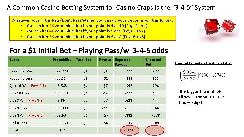 A Common Casino Betting System for Casino Craps is the “ 3 -4 -5”
