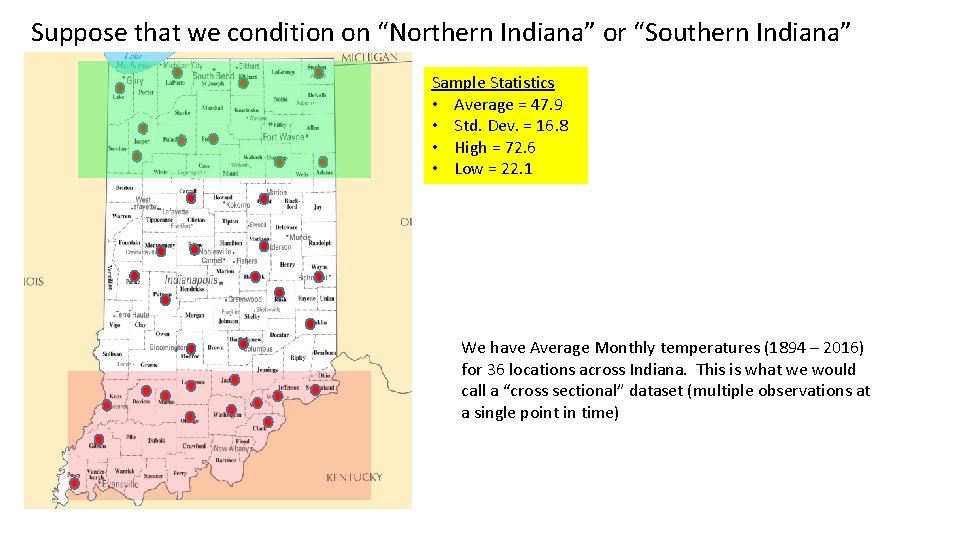 Suppose that we condition on “Northern Indiana” or “Southern Indiana” Sample Statistics • Average