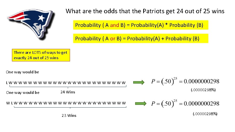 What are the odds that the Patriots get 24 out of 25 wins Probability