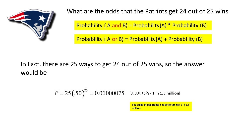 What are the odds that the Patriots get 24 out of 25 wins Probability