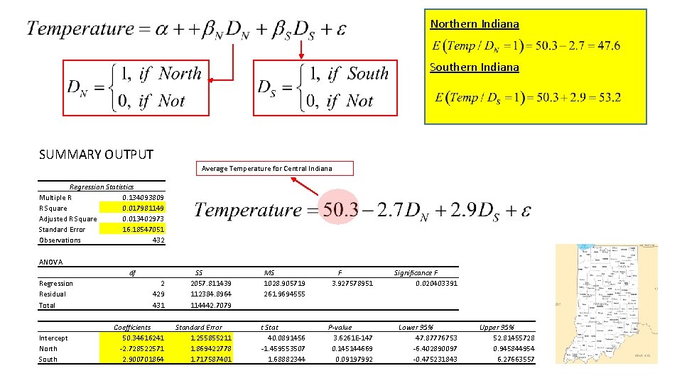 Northern Indiana Southern Indiana SUMMARY OUTPUT Average Temperature for Central Indiana Regression Statistics Multiple