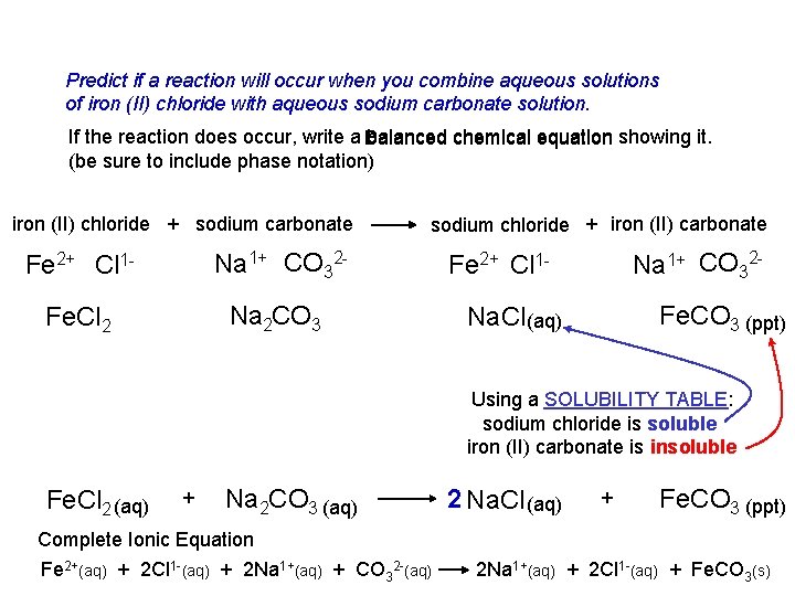 Predict if a reaction will occur when you combine aqueous solutions of iron (II)