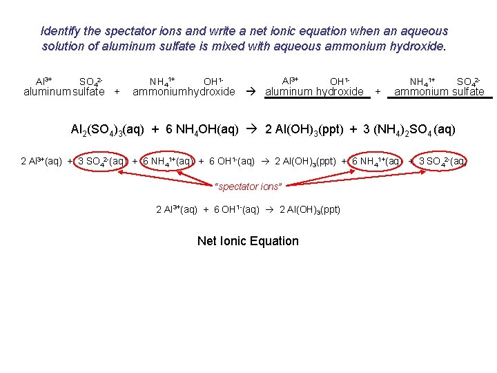 Identify the spectator ions and write a net ionic equation when an aqueous solution