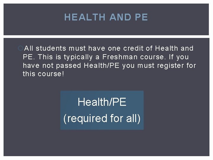 HEALTH AND PE All students must have one credit of Health and PE. This