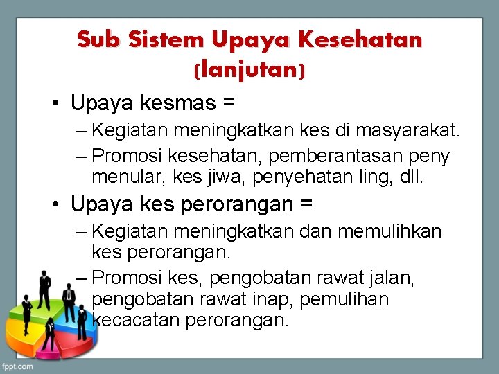 Sub Sistem Upaya Kesehatan (lanjutan) • Upaya kesmas = – Kegiatan meningkatkan kes di