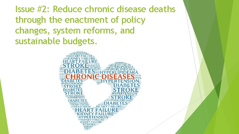 Issue #2: Reduce chronic disease deaths through the enactment of policy changes, system reforms,