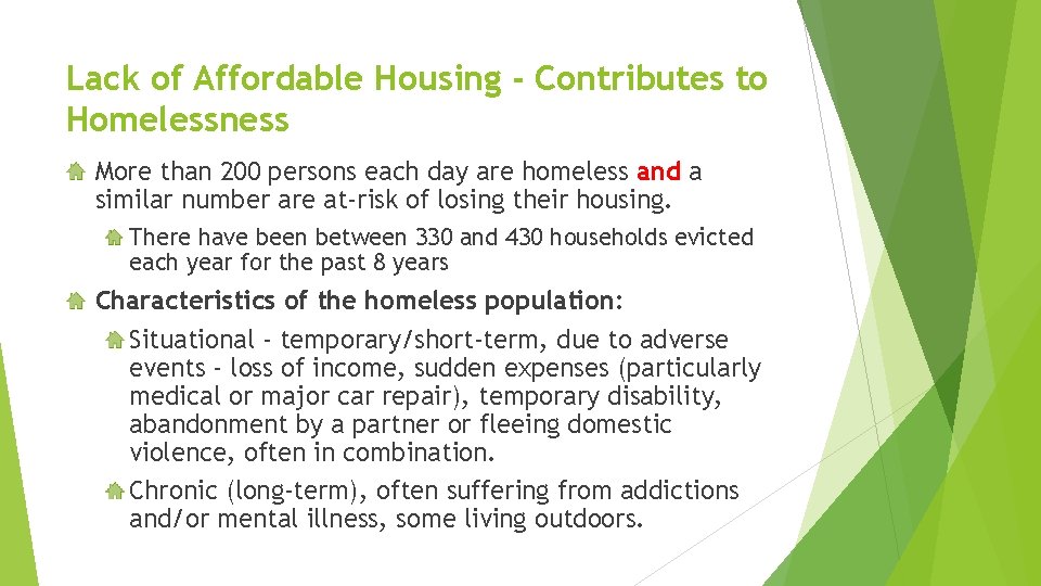 Lack of Affordable Housing - Contributes to Homelessness More than 200 persons each day