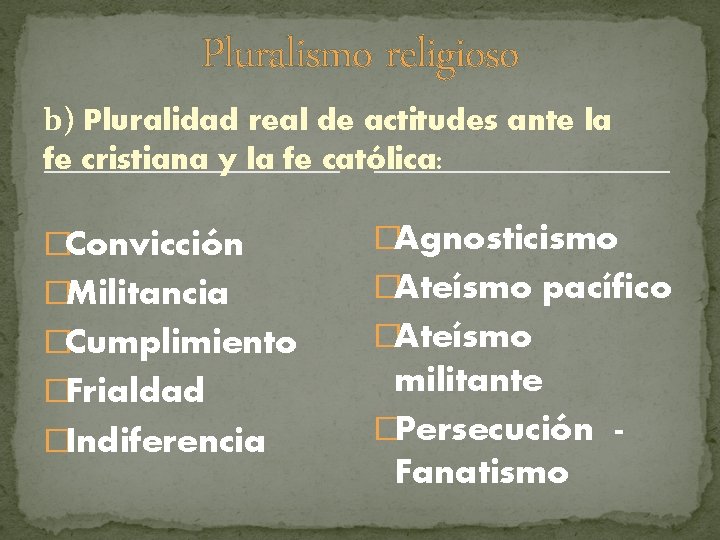 Pluralismo religioso b) Pluralidad real de actitudes ante la fe cristiana y la fe