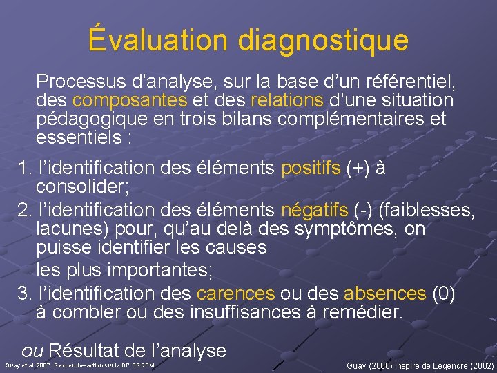 Évaluation diagnostique Processus d’analyse, sur la base d’un référentiel, des composantes et des relations
