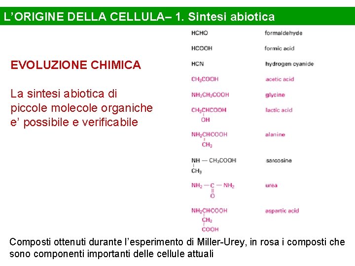 L’ORIGINE DELLA CELLULA– 1. Sintesi abiotica EVOLUZIONE CHIMICA La sintesi abiotica di piccole molecole