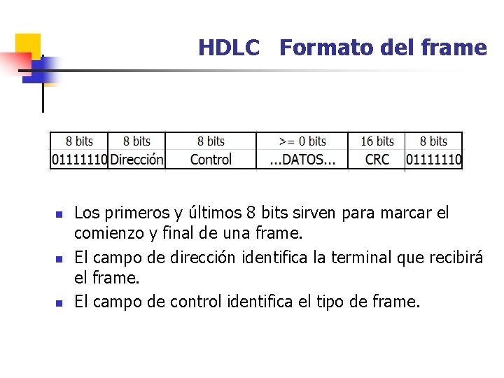 HDLC Formato del frame n n n Los primeros y últimos 8 bits sirven