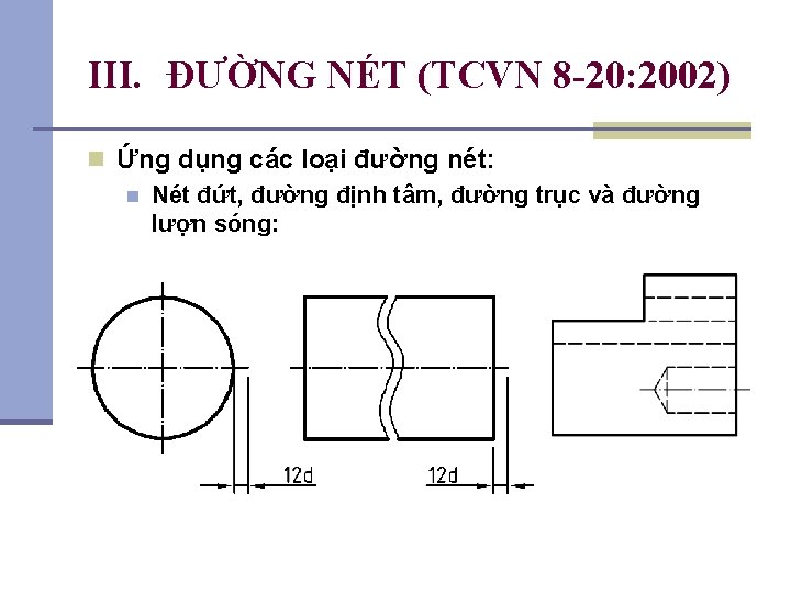 III. ĐƯỜNG NÉT (TCVN 8 -20: 2002) n Ứng dụng các loại đường nét: