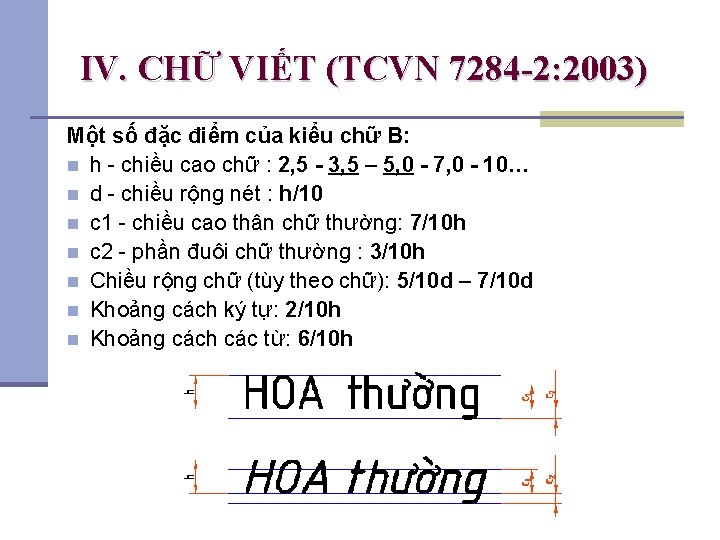 IV. CHỮ VIẾT (TCVN 7284 -2: 2003) Một số đặc điểm của kiểu chữ