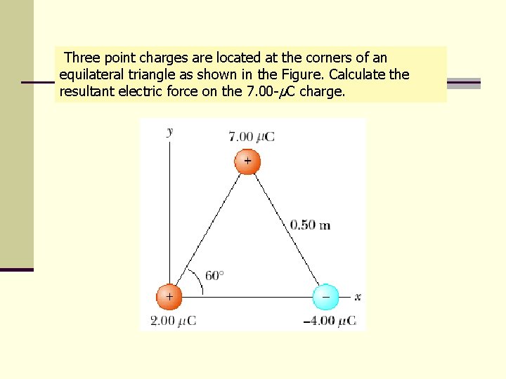 Three point charges are located at the corners of an equilateral triangle as shown