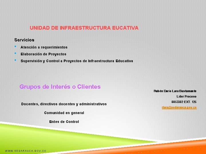 UNIDAD DE INFRAESTRUCTURA EUCATIVA Servicios • Atención a requerimientos • Elaboración de Proyectos •