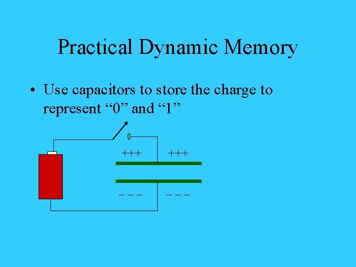 Practical Dynamic Memory • Use capacitors to store the charge to represent “ 0”