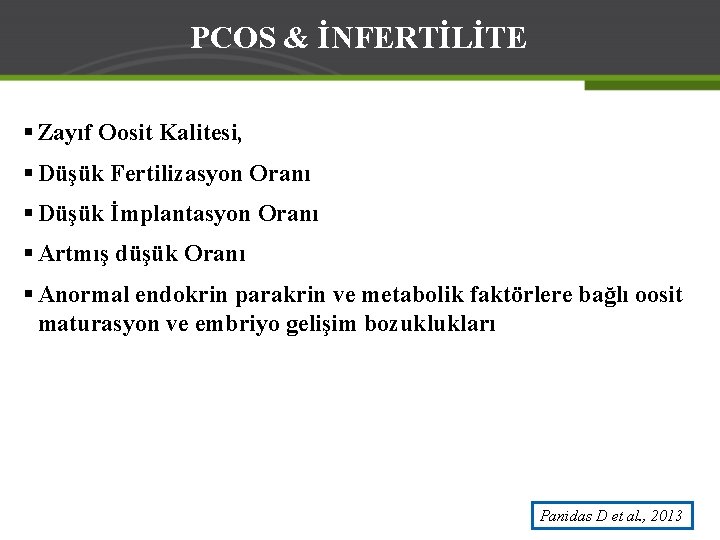 PCOS & İNFERTİLİTE § Zayıf Oosit Kalitesi, § Düşük Fertilizasyon Oranı § Düşük İmplantasyon
