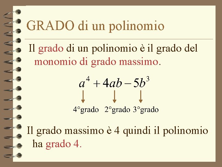 GRADO di un polinomio Il grado di un polinomio è il grado del monomio