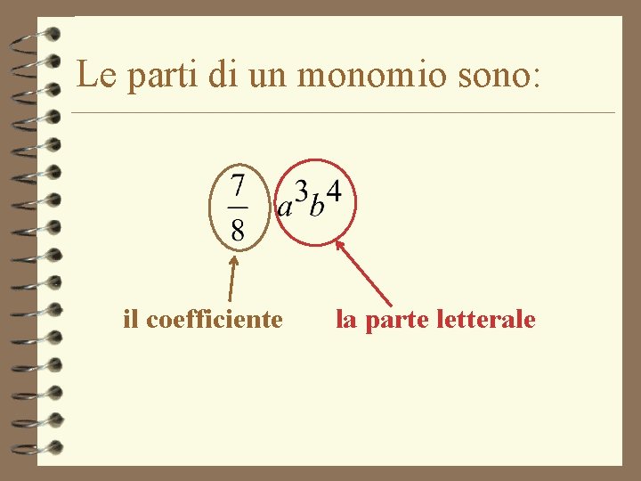 Le parti di un monomio sono: il coefficiente la parte letterale 