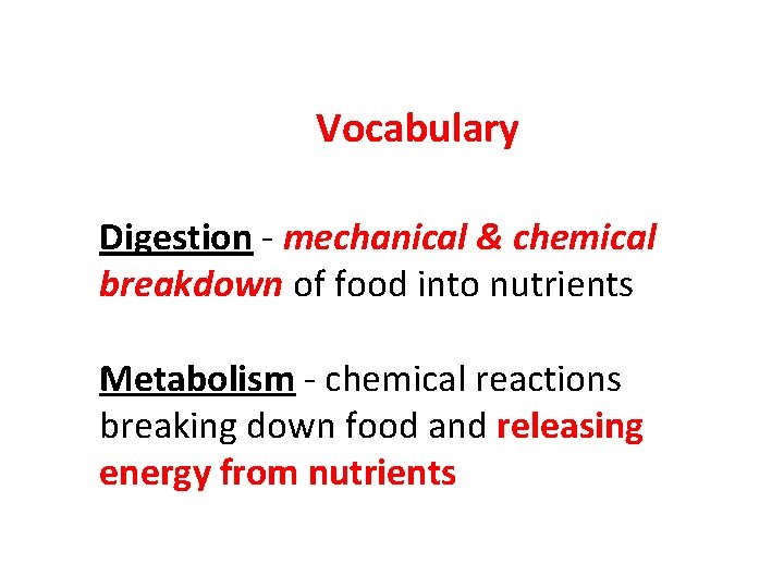 Vocabulary Digestion - mechanical & chemical breakdown of food into nutrients Metabolism - chemical