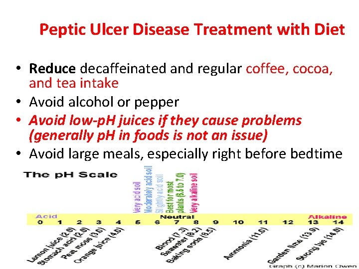 Peptic Ulcer Disease Treatment with Diet • Reduce decaffeinated and regular coffee, cocoa, and