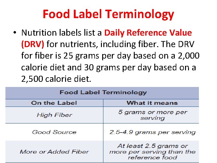 Food Label Terminology • Nutrition labels list a Daily Reference Value (DRV) for nutrients,