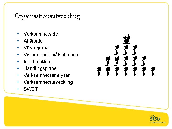 Organisationsutveckling • • • Verksamhetsidé Affärsidé Värdegrund Visioner och målsättningar Idéutveckling Handlingsplaner Verksamhetsanalyser Verksamhetsutveckling