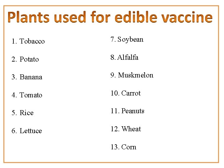 1. Tobacco 7. Soybean 2. Potato 8. Alfalfa 3. Banana 9. Muskmelon 4. Tomato