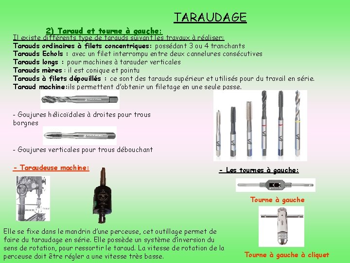 TARAUDAGE 2) Taraud et tourne à gauche: Il existe différents type de tarauds suivant
