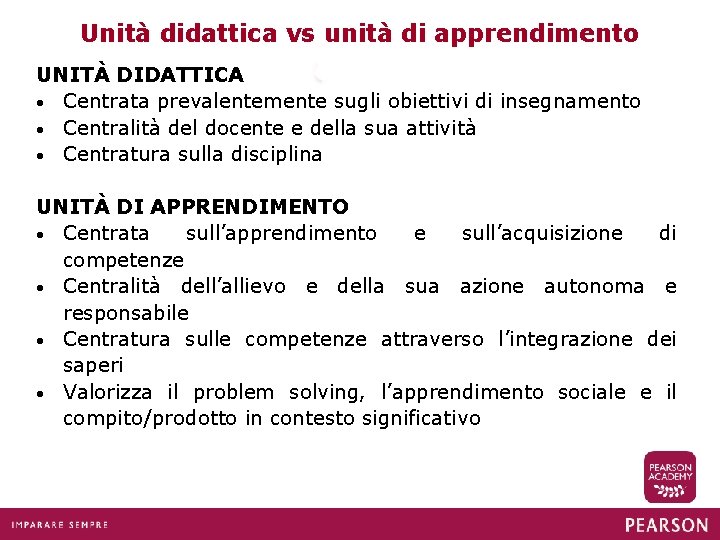 Unità didattica vs unità di apprendimento UNITÀ DIDATTICA • Centrata prevalentemente sugli obiettivi di