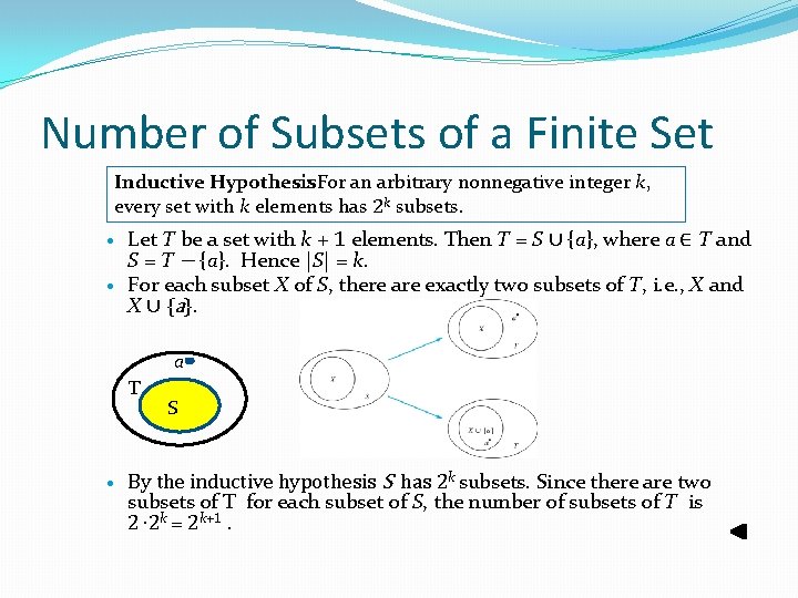 Number of Subsets of a Finite Set Inductive Hypothesis : For an arbitrary nonnegative