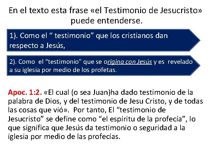 En el texto esta frase «el Testimonio de Jesucristo» puede entenderse. 1). Como el