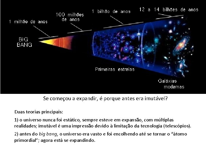 Se começou a expandir, é porque antes era imutável? Duas teorias principais: 1) o