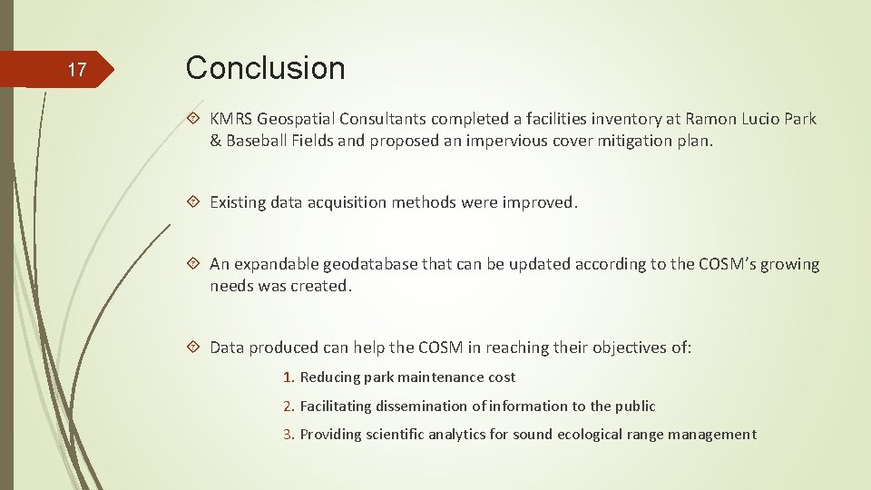 17 Conclusion KMRS Geospatial Consultants completed a facilities inventory at Ramon Lucio Park &