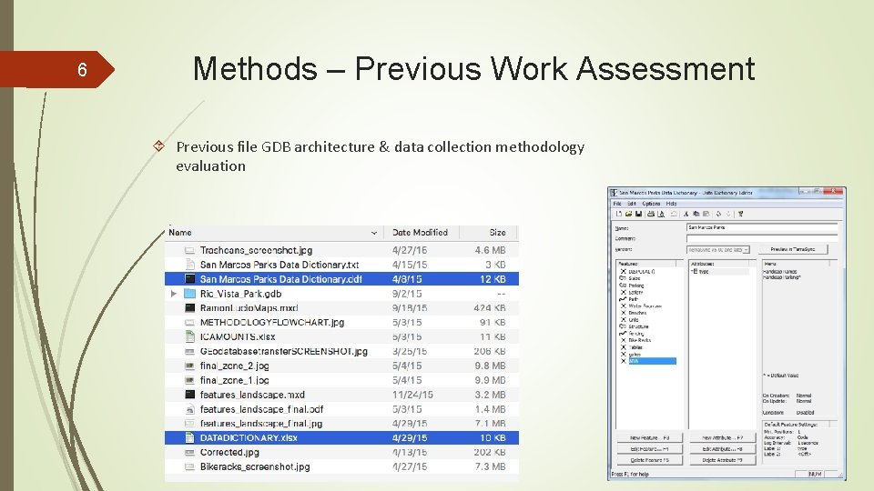 Methods – Previous Work Assessment 6 Previous file GDB architecture & data collection methodology