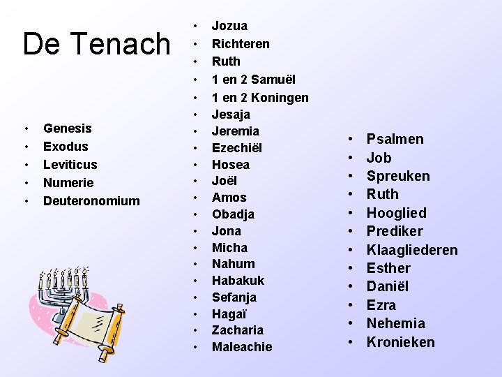 De Tenach • • • Genesis Exodus Leviticus Numerie Deuteronomium • • • •