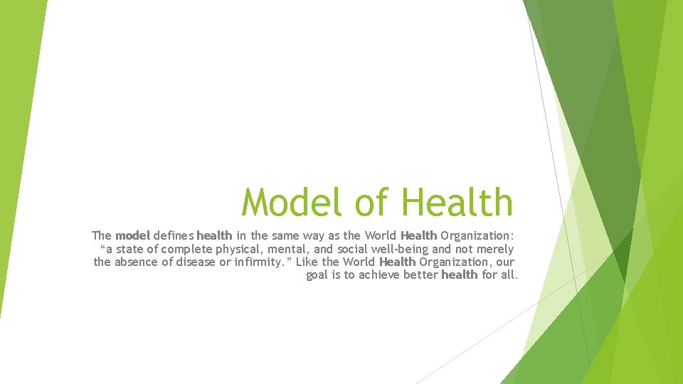 Model of Health The model defines health in the same way as the World