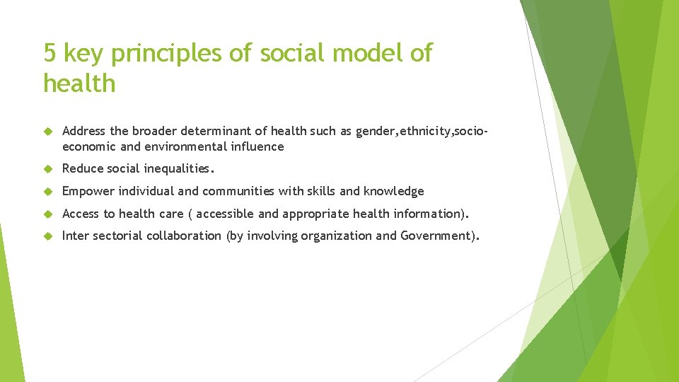 5 key principles of social model of health Address the broader determinant of health