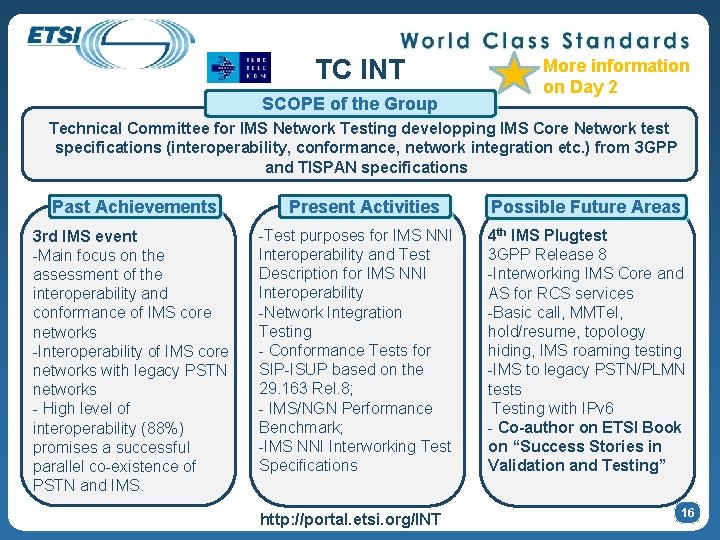 TC INT SCOPE of the Group More information on Day 2 Technical Committee for