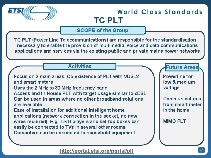 TC PLT SCOPE of the Group TC PLT (Power Line Telecommunications) are responsible for